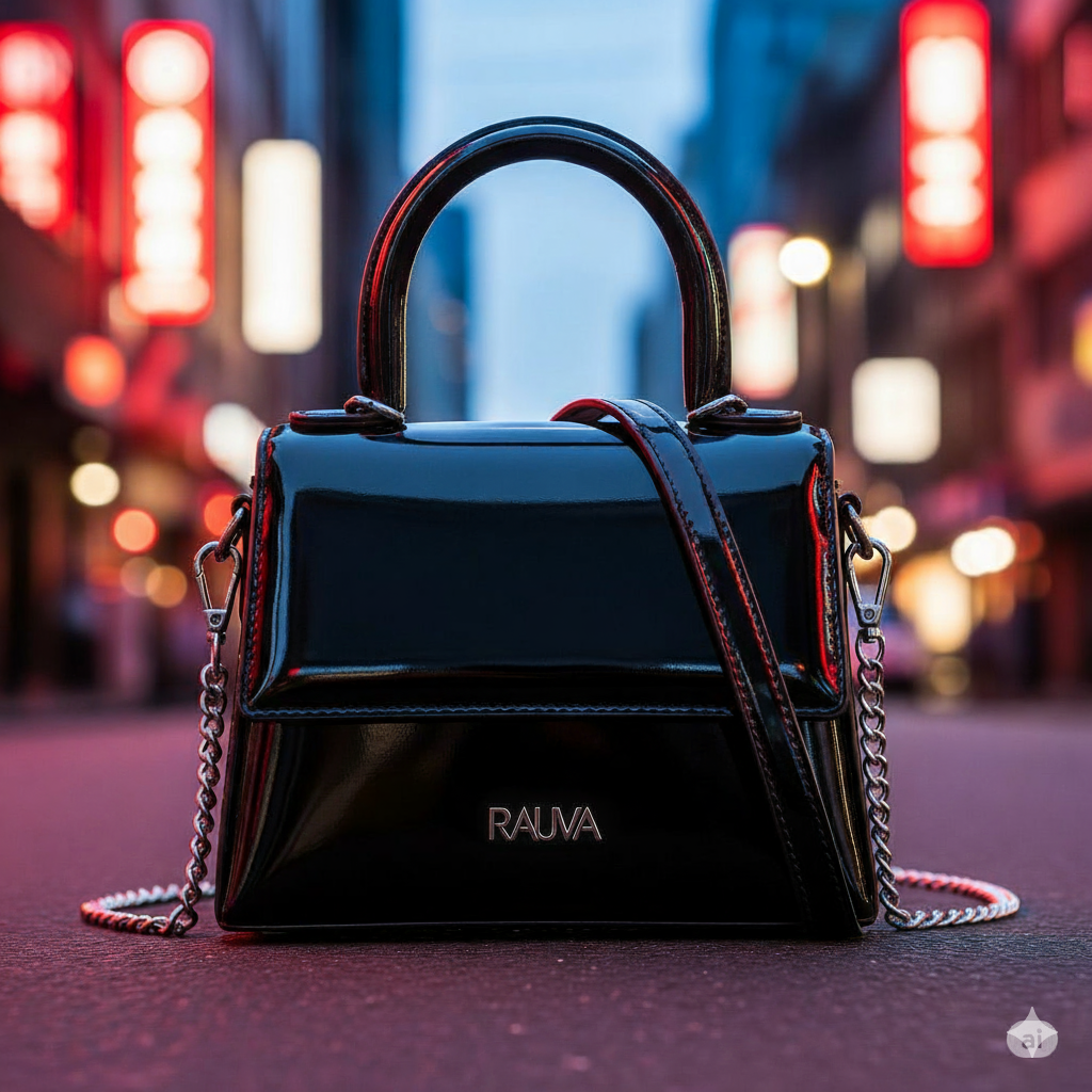 City Chic Satchel | Glossy Black Handbag with Chain Strap
