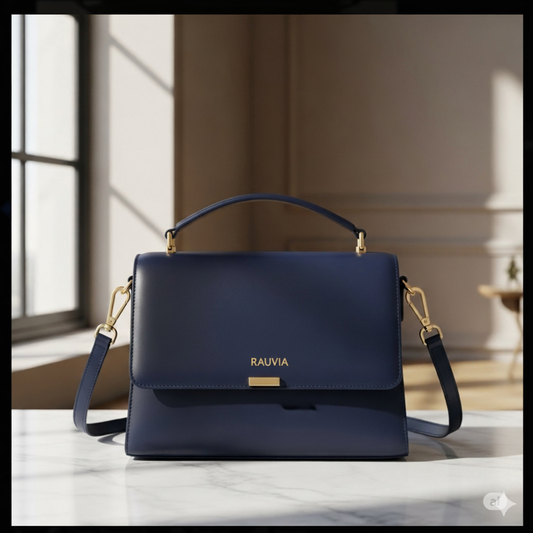 Minimalist Satchel | Navy Blue Handbag with Gold Accents