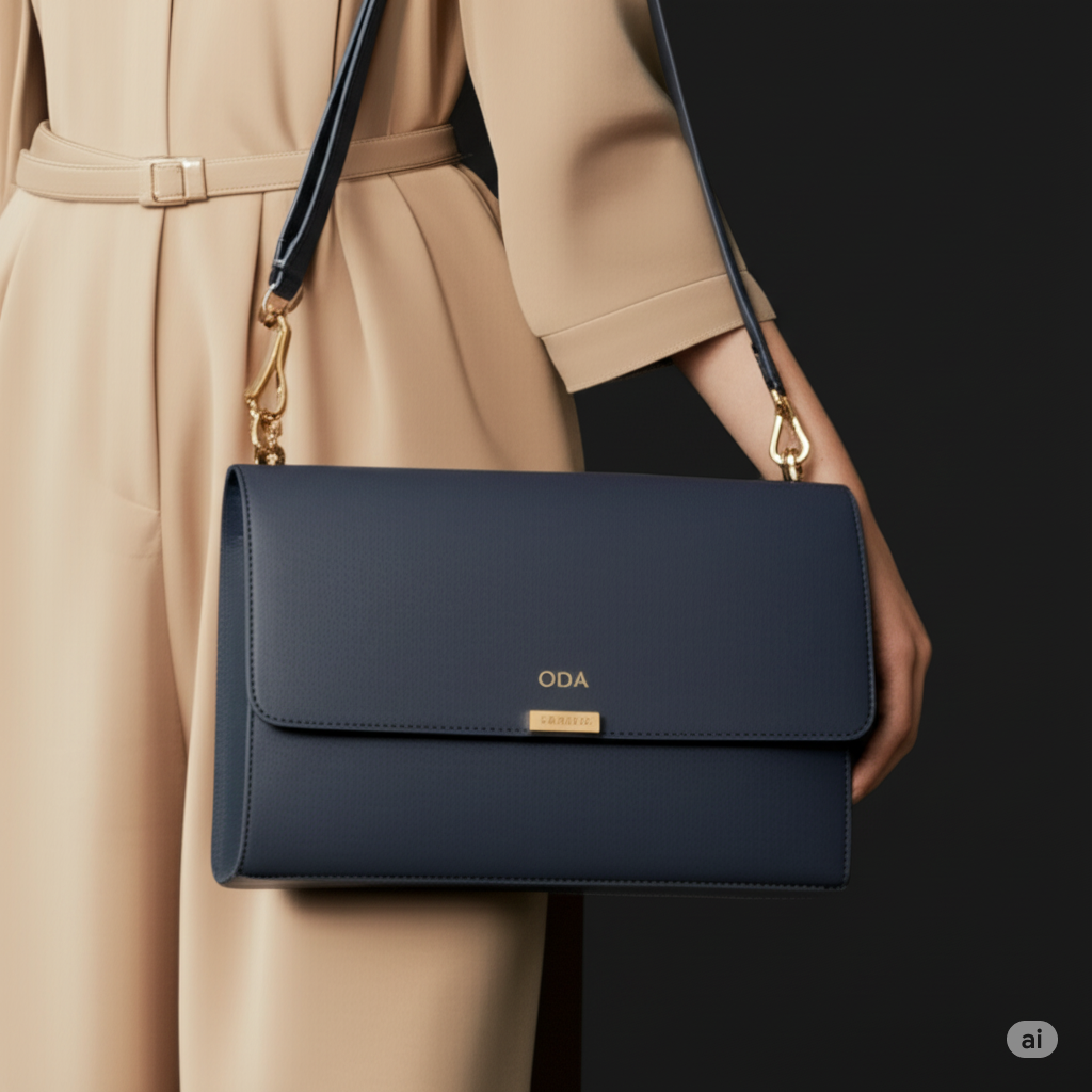 Minimalist Satchel | Navy Blue Handbag with Gold Accents
