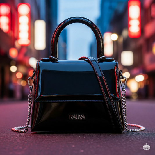 City Chic Satchel | Glossy Black Handbag with Chain Strap