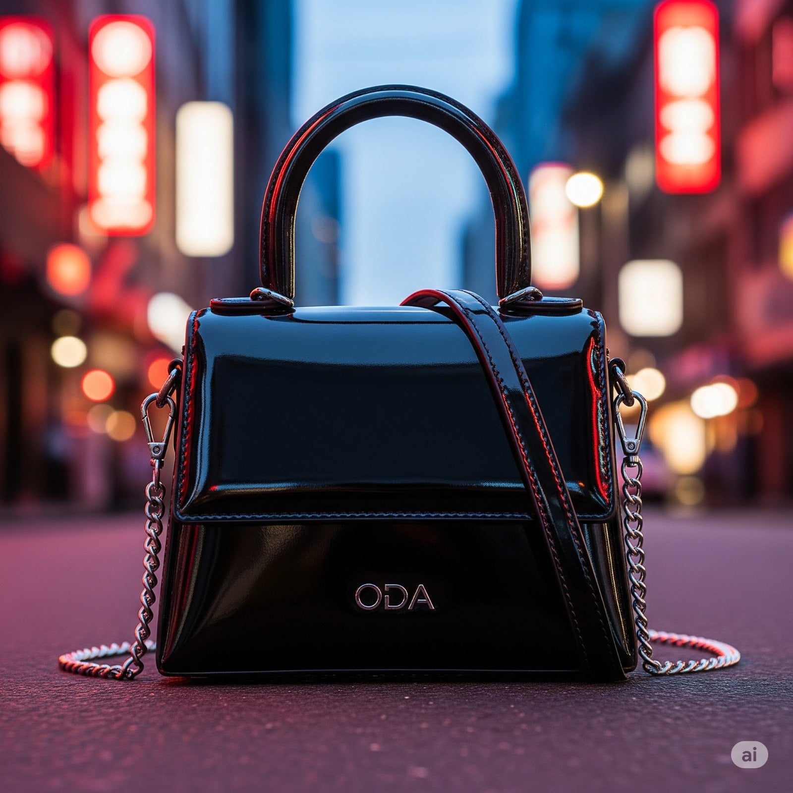 City Chic Satchel | Glossy Black Handbag with Chain Strap