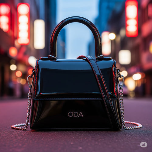 City Chic Satchel | Glossy Black Handbag with Chain Strap